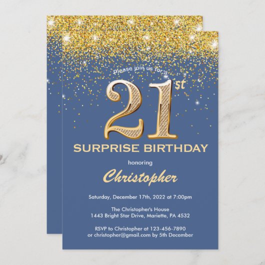 Verrassend 21st Birthday Blue en Gold Glitter Kaart (Voorkant / Achterkant)