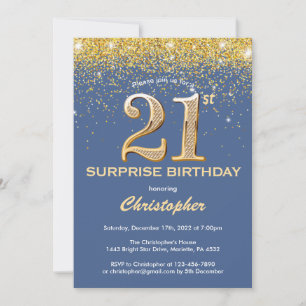 Verrassend 21st Birthday Blue en Gold Glitter Kaart