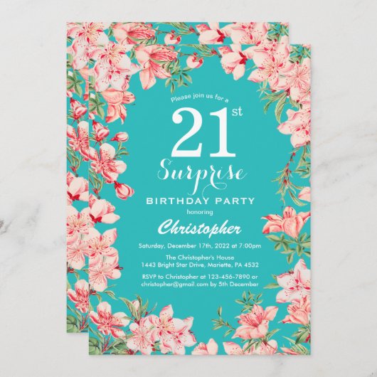 Verrassend 21ste verjaardag Blauwgroen roze bloeme Kaart (Voorkant / Achterkant)