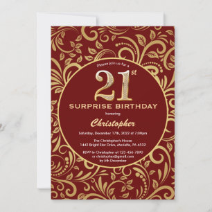 Verrassend 21ste verjaardag Burgundy Red & Gold Fl Kaart