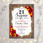 Verrassend 21ste verjaardag - Gold White Red Invit Kaart<br><div class="desc">Verrassend 21ste uitnodiging van de Dag. Feminine roestzwart,  wit,  rood met faux glitter goud. Kenmerken houtpatroon,  rode rozen,  zonnebloemen,  scriptlettertype en confetti. Ideaal voor een elegant verjaardagsfeestje. Kan op elke leeftijd aan het show worden aangepast. Bericht me als u verdere aanpassing nodig hebt.</div>