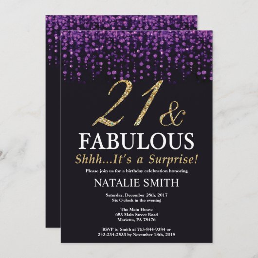 Verrassend 21ste verjaardag Paars en goudglitter Kaart (Voorkant / Achterkant)
