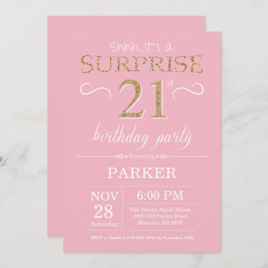 Verrassend 21ste verjaardag Roze en Gold Glitter Kaart (Voorkant / Achterkant)