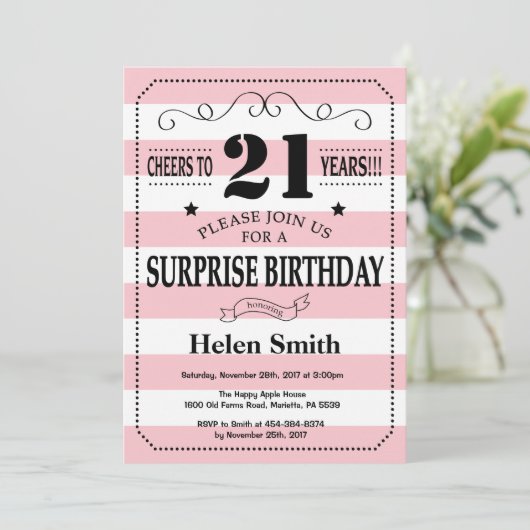 Verrassend 21ste verjaardag Roze en Witte Stripes Kaart (Staand voorkant)