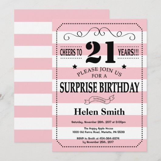 Verrassend 21ste verjaardag Roze en Witte Stripes Kaart (Voorkant / Achterkant)
