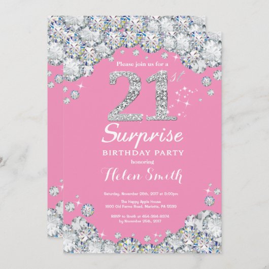 Verrassend 21ste verjaardag roze en zilver Diamond Kaart (Voorkant / Achterkant)