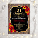 Verrassend 21ste verjaardag - Rustic Wood Sunflowe Kaart<br><div class="desc">Verrassend 21ste uitnodiging van de Dag. Feminine roestzwart,  wit,  rood met faux glitter goud. Kenmerken houtpatroon,  rode rozen,  zonnebloemen,  scriptlettertype en confetti. Ideaal voor een elegant verjaardagsfeestje. Kan op elke leeftijd aan het show worden aangepast. Bericht me als u verdere aanpassing nodig hebt.</div>