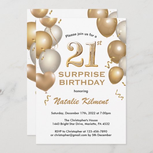 Verrassend 21ste verjaardag Witte en gouden ballon Kaart (Voorkant / Achterkant)