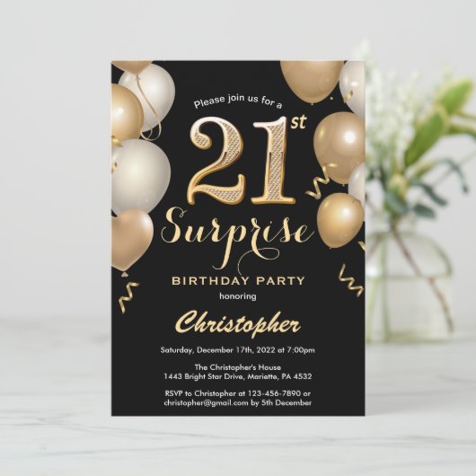 Verrassend 21ste verjaardag zwarte en gouden ballo kaart (Staand voorkant)