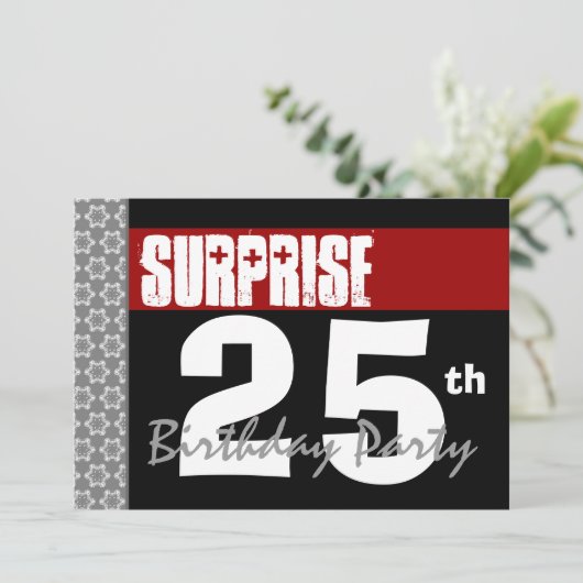 Verrassend 25th Birthday Modern Black en Burgundy Kaart (Staand voorkant)