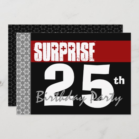 Verrassend 25th Birthday Modern Black en Burgundy Kaart (Voorkant / Achterkant)