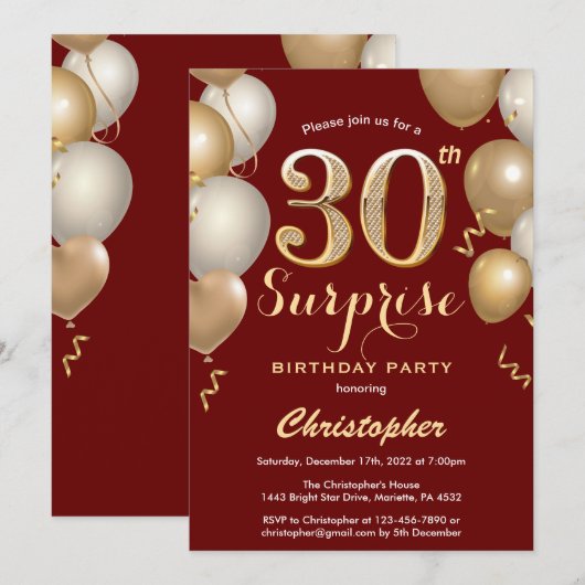 Verrassend 30e verjaardag Donkere rode en gouden b Kaart (Voorkant / Achterkant)