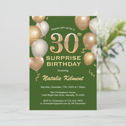 Verrassend 30e verjaardag groene en gouden ballonn kaart (Staand voorkant)