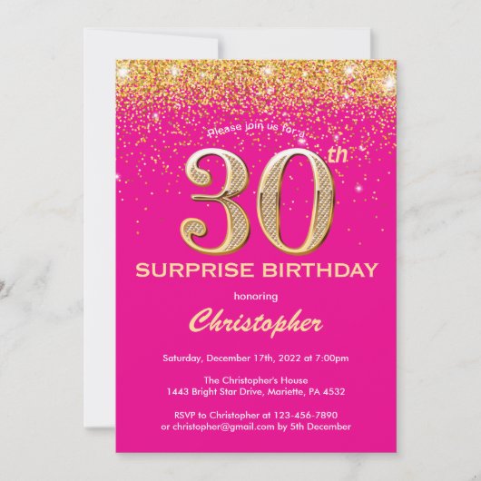 Verrassend 30e verjaardag Hot Pink en Gold Glitter Kaart (Voorkant)