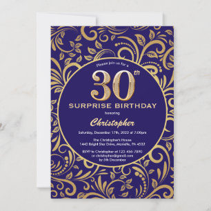 Verrassend 30e verjaardag Navy Blue en Gold Floral Kaart