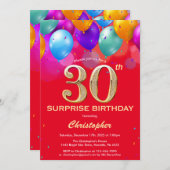 Verrassend 30e verjaardag Rode en gouden ballonnen Kaart (Voorkant / Achterkant)