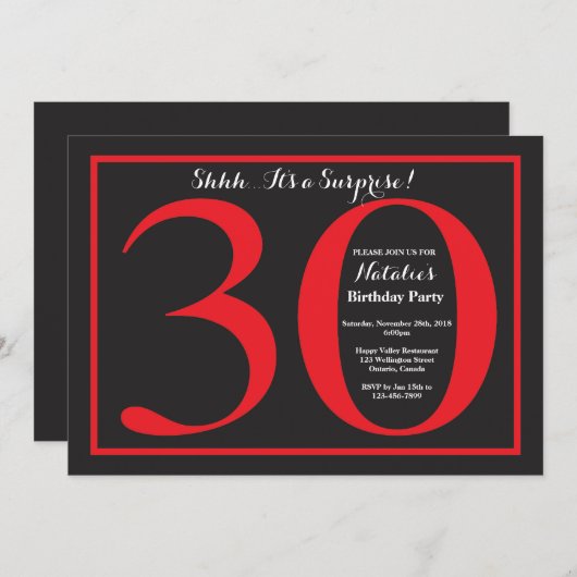 Verrassend 30e verjaardag rood en zwart karton kaart (Voorkant / Achterkant)