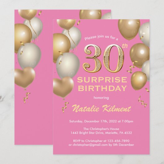 Verrassend 30e verjaardag Roze en gouden ballonnen Kaart (Voorkant / Achterkant)