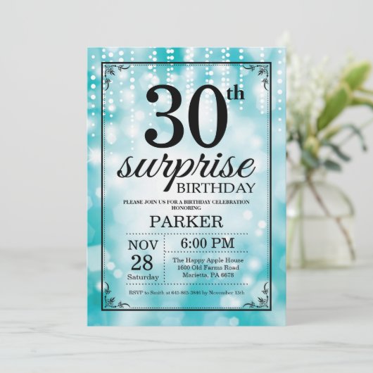 Verrassend 30e verjaardag Uitnodiging Blauwgroen G (Staand voorkant)