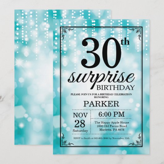 Verrassend 30e verjaardag Uitnodiging Blauwgroen G (Voorkant / Achterkant)