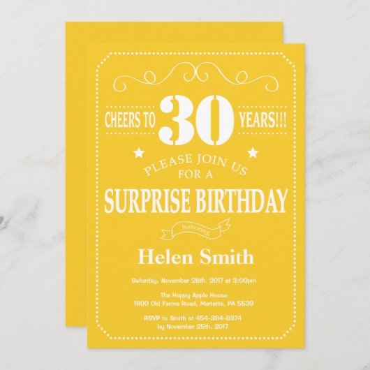 Verrassend 30e verjaardag Uitnodiging Geel en Wit (Voorkant / Achterkant)