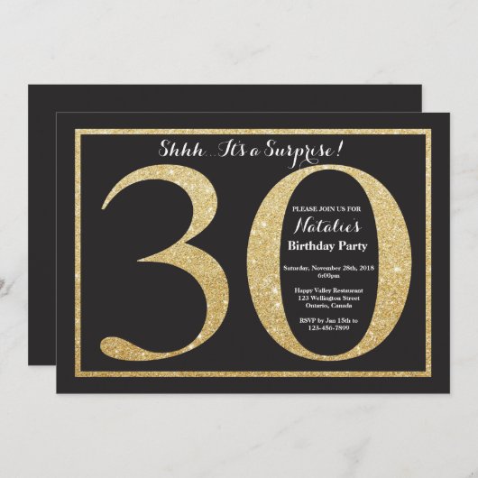 Verrassend 30e verjaardag Uitnodiging Gold Glitter (Voorkant / Achterkant)