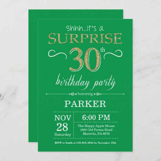 Verrassend 30e verjaardag Uitnodiging groen en gou (Voorkant / Achterkant)