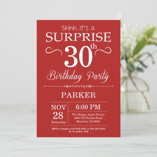 Verrassend 30e verjaardag Uitnodiging rood en wit (Staand voorkant)