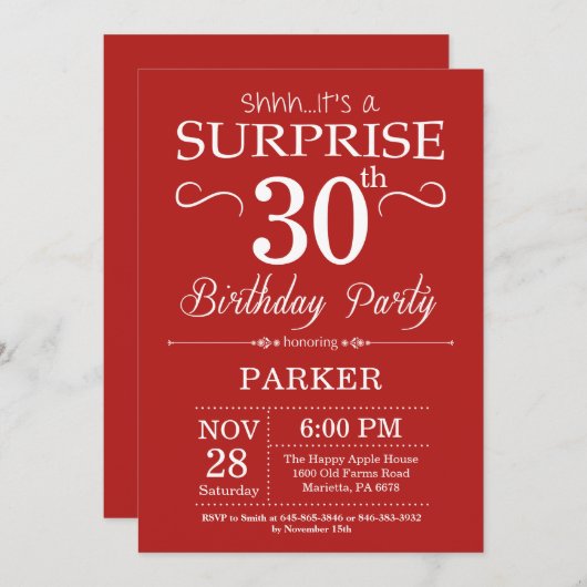 Verrassend 30e verjaardag Uitnodiging rood en wit (Voorkant / Achterkant)