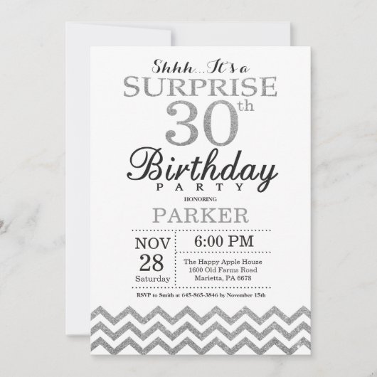 Verrassend 30e verjaardag Uitnodiging Silver Glitt (Voorkant)