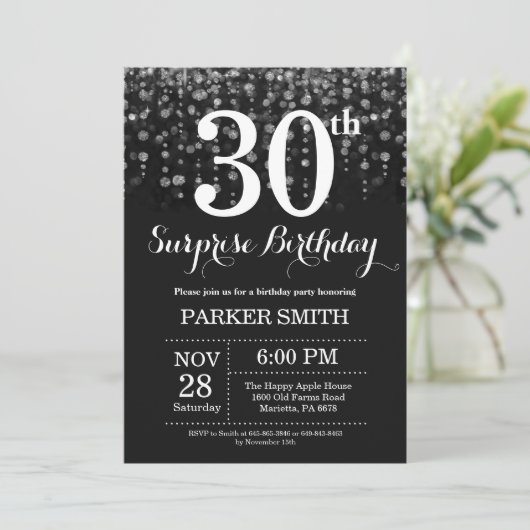 Verrassend 30e verjaardag Uitnodiging Silver Glitt (Staand voorkant)