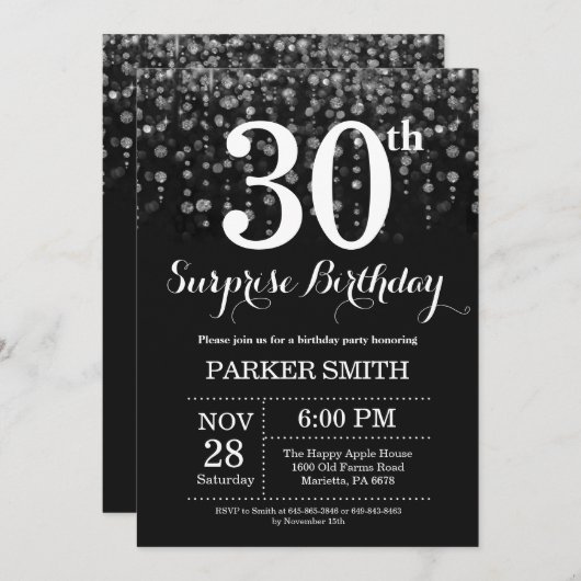 Verrassend 30e verjaardag Uitnodiging Silver Glitt (Voorkant / Achterkant)