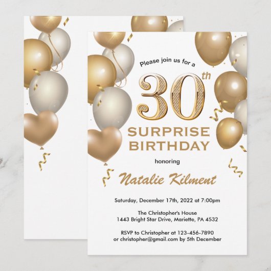 Verrassend 30e verjaardag Witte en gouden ballonne Kaart (Voorkant / Achterkant)