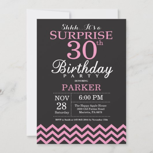 Verrassend 30e verjaardag zwart en roze Chevron Kaart (Voorkant)