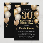 Verrassend 30e verjaardag zwarte en gouden ballonn kaart (Voorkant / Achterkant)