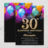 Verrassend 30e verjaardag zwarte en gouden ballonn kaart (Voorkant / Achterkant)