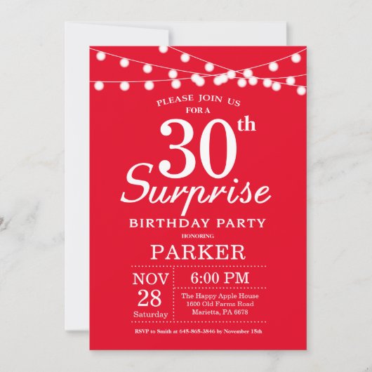 Verrassend 30th Birthday Invitation Red Kaart (Voorkant)