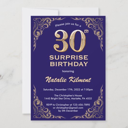 Verrassend 30th Birthday Navy Blue en Gold Glitter Kaart (Voorkant)