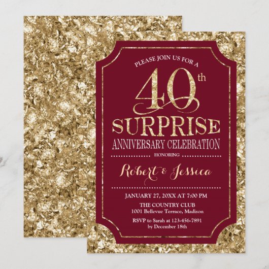Verrassend 40-jarig huwelijksjubileum - Rood Goud Kaart (Voorkant / Achterkant)