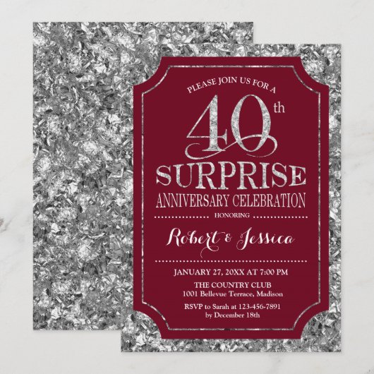 Verrassend 40-jarig huwelijksjubileum - Rood Zilve Kaart (Voorkant / Achterkant)
