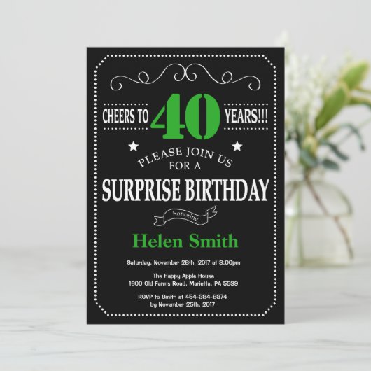 Verrassend 40e Birthday Black en Green Chalkboard Kaart (Staand voorkant)