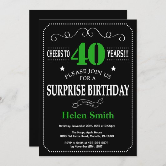 Verrassend 40e Birthday Black en Green Chalkboard Kaart (Voorkant / Achterkant)