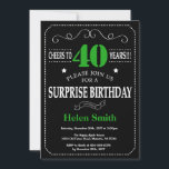 Verrassend 40e Birthday Black en Green Chalkboard Kaart<br><div class="desc">Verrassend 40e verjaardag Uitnodiging zwart en groene Typografie. Chalkboard. Zwart-witte achtergrond. Volwassen verjaardag. Mannelijke Mannen of vrouwen: Birthday. Kinder jongen of meisje Lady Teen Teenage Bday Invite. 13e 15e 16e 18e 21e 30e 40e 50e 60e 70e 80e 90e 100e. Elke leeftijd. Voor verdere aanpassing, te klikken gelieve de knoop "van...</div>
