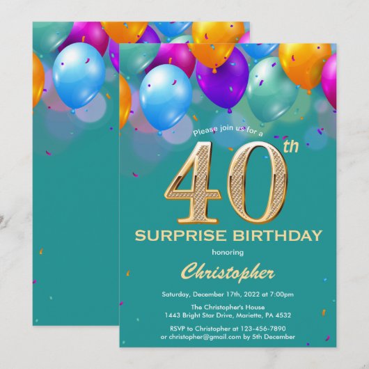 Verrassend 40e Blauwgroen verjaardag en gouden bal Kaart (Voorkant / Achterkant)