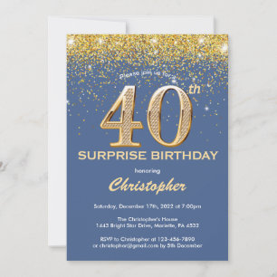 Verrassend 40e verjaardag blauw en goudglitter kaart