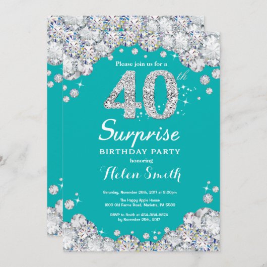 Verrassend 40e verjaardag Blauwgroen en Silver Dia Kaart (Voorkant / Achterkant)