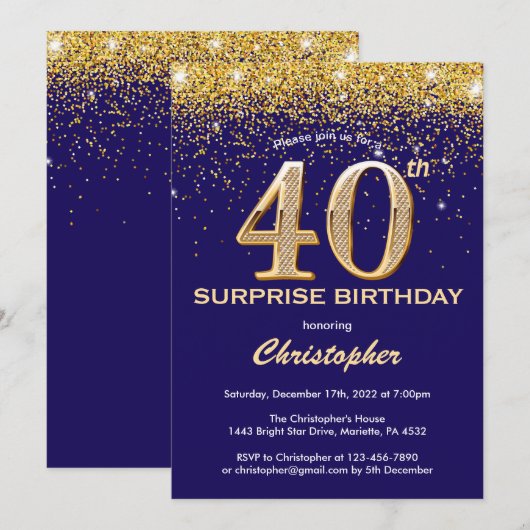 Verrassend 40e verjaardag Navy Blue en Gold Glitte Kaart (Voorkant / Achterkant)