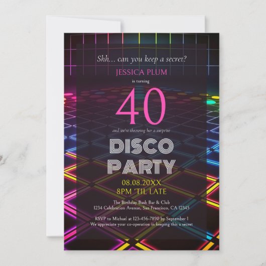 Verrassend 40e verjaardag Neon Disco Party Invitat Kaart (Voorkant)