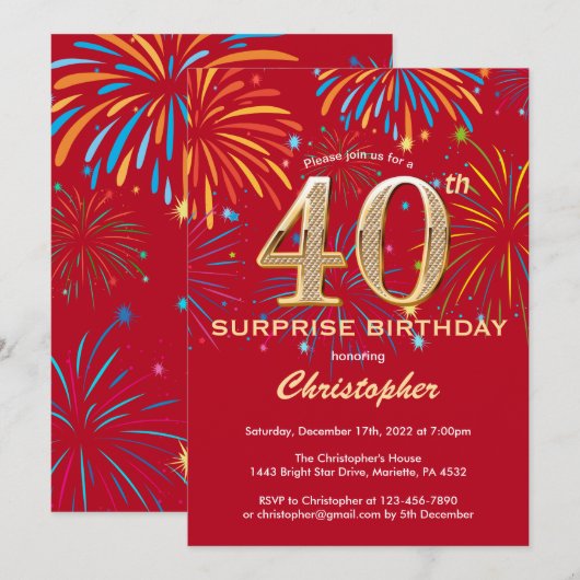 Verrassend 40e verjaardag Rood- en Gold-regenboogv Kaart (Voorkant / Achterkant)