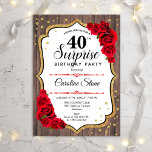 Verrassend 40e verjaardag - Rustic Wood Red Roses Kaart<br><div class="desc">Verrassende uitnodiging van 40e verjaardag. Feminine rustic design met faux glitter Gold. Kenmerken houtpatroon,  rode rozen,  script font en confetti. Ideaal voor een elegant verjaardagsfeestje. Kan op elke leeftijd aan het show worden aangepast. Bericht me als u verdere aanpassing nodig hebt.</div>
